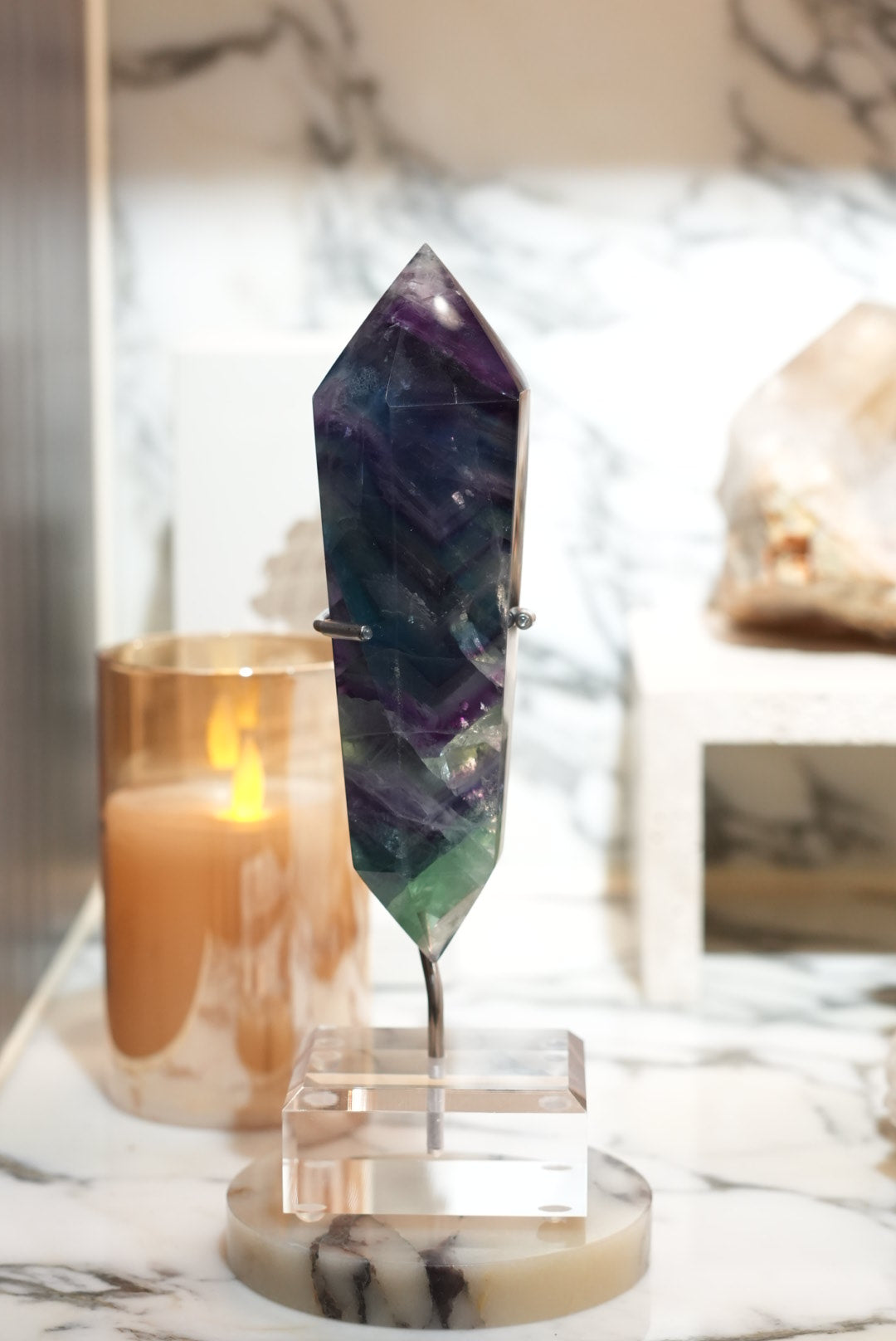 Purple blue green fluorite double terminated